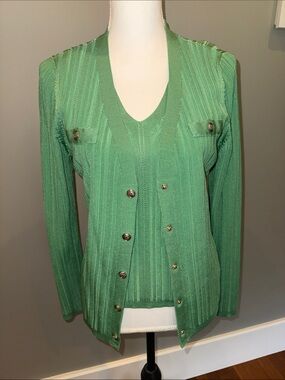 White House black market Green Ribbed Button-Front Cardigan Set